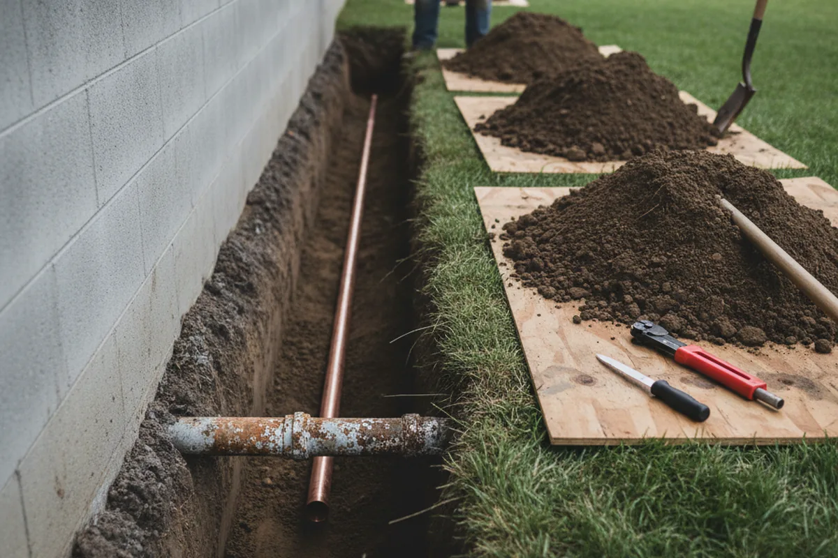 Excavated water line trench during Water Heater Repair in East Wakefield